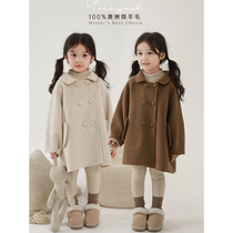 Young girls rounded lapel wool coat 2023 winter childrens sweet and cute double-breasted solid color warm coat