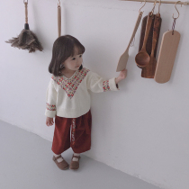 Young Yo-yo Girl Spring Autumn Retro National Wind Neckline Flower Line V Collar Loose Sweater Childrens Knitted Sweatshirt Blouse Children Clothing