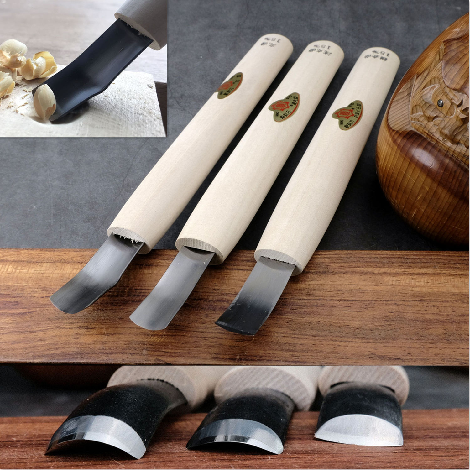 Miki Akira Maru Koji woodworking carving knife depth and shallow pill hand digging spoon plate round mouth warped head green paper steel Japan original