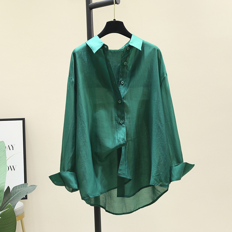 Dark Green Thin Shirt for Women 2026 Spring New Korean Style Loose Casual Tencel Shirt Long-Sleeved Sun Protection Top