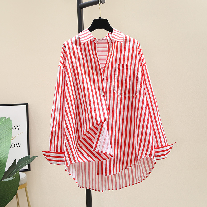 Red Striped Shirt for Women 2025 New Korean Style Loose Casual Design Niche Shirt Long-Sleeved Sun Protection Clothing