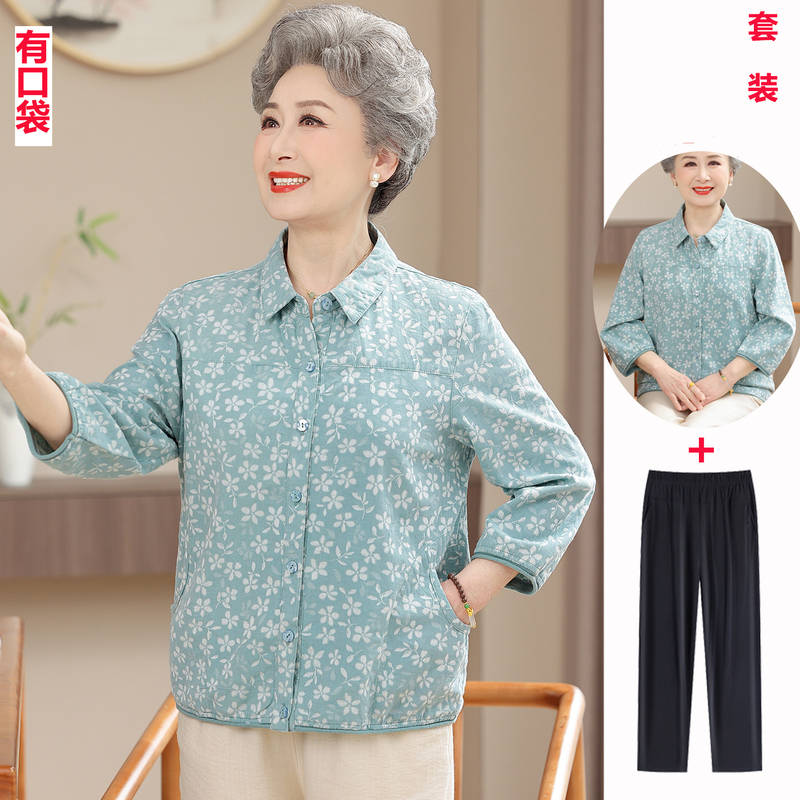 Spring and Summer Clothing for Middle-Aged and Elderly Women, Pure Cotton Floral Shirts, Stylish Collared Shirts for Mothers, Grandma's Three-Quarter Sleeve Tops