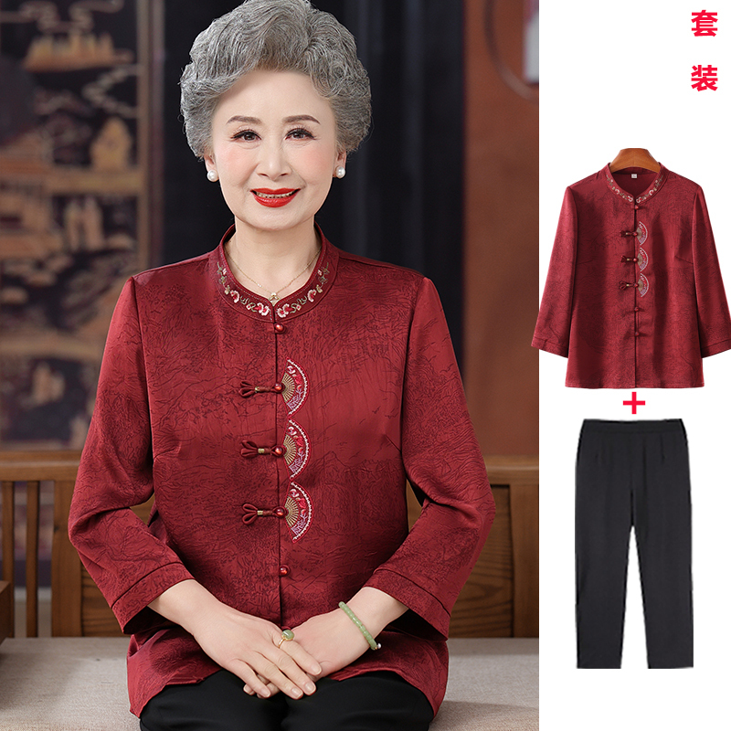 Middle-Aged and Elderly Women's Spring and Summer Long-Sleeved Silk Shirts, Mother's Autumn Clothing, Tang Suit Tops, Grandma's and Wife's Shirts