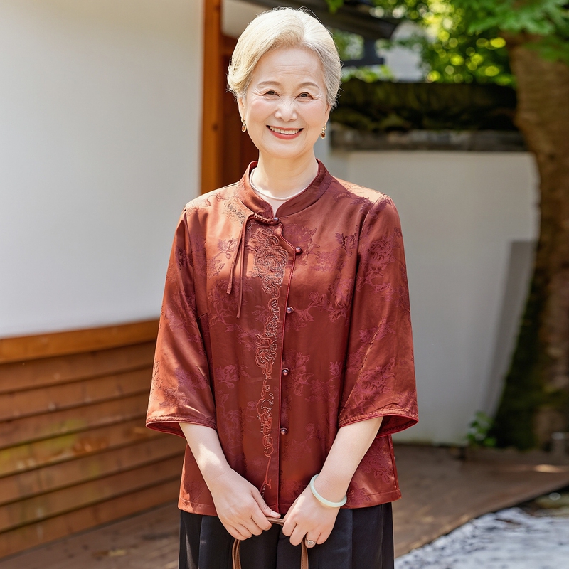 Spring and Summer Clothing for Elderly Women, Wedding Banquet Three-Quarter Sleeve Shirt, 60-70 Year Old Senior Birthday Celebration Tang Suit Shirt, Mother's Top