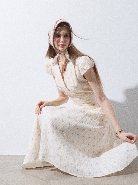 Nextdawn Southern France Summer Floral Dress Women's Summer Pastoral Vacation Style Short Sleeve Long Dress