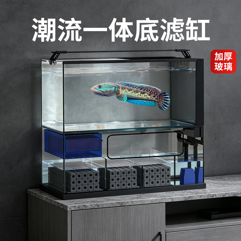 New Model of Small Tabletop Stream Landscape Aquarium for Home Living Room, with Ultra-Clear Glass Integrated Bottom Filter and Complete Set of Aquatic Plants and Goldfish Tank