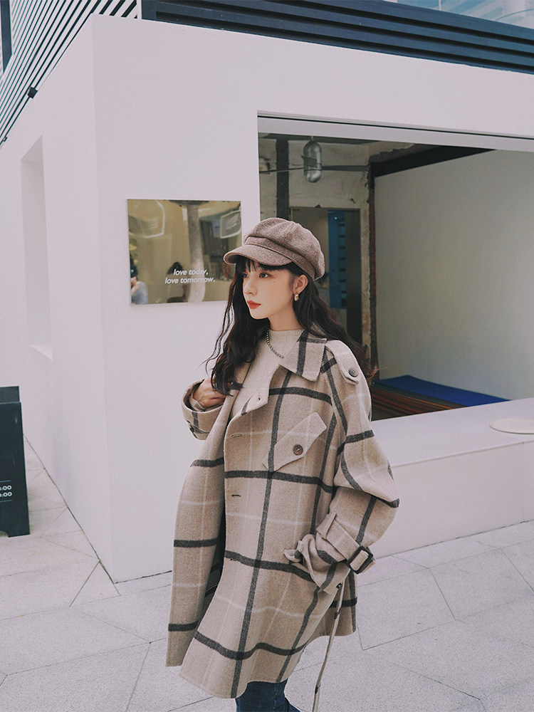 Lecea Alice woolen coat women's 2022 winter new Korean version all-match plaid temperament mid-length coat