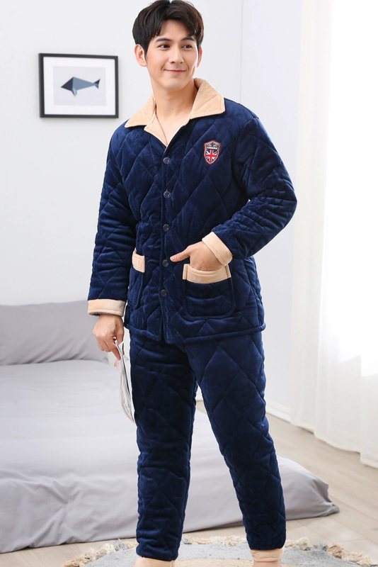 Mùa đông nam ba lớp dày san hô lông cừu bộ đồ ngủ cộng với nhung trung niên cotton áo khoác pha lê cashmere dịch vụ nhà