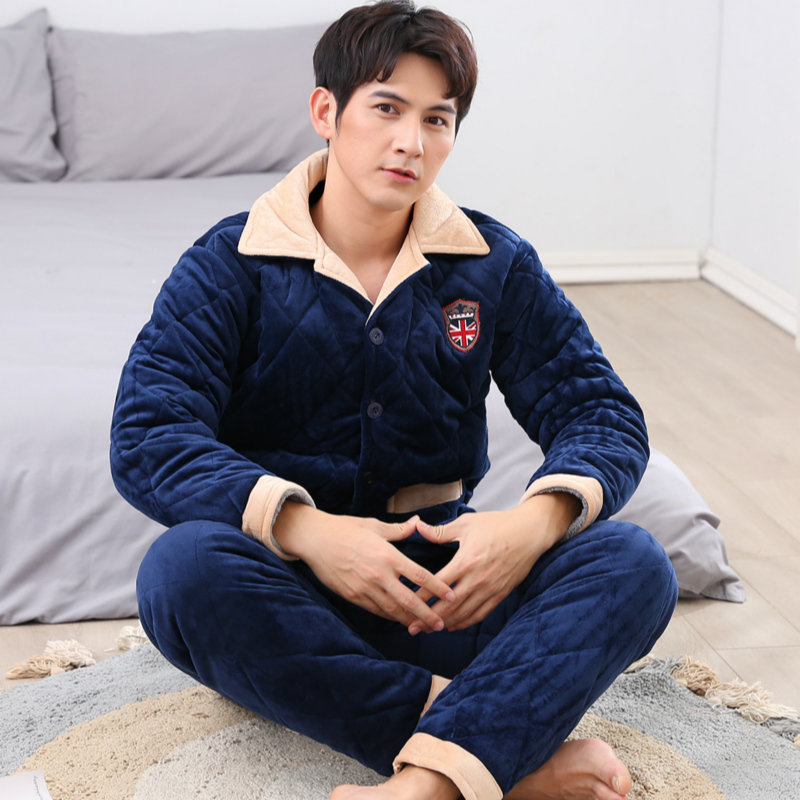 Mùa đông nam ba lớp dày san hô lông cừu bộ đồ ngủ cộng với nhung trung niên cotton áo khoác pha lê cashmere dịch vụ nhà quần áo ngủ nữ