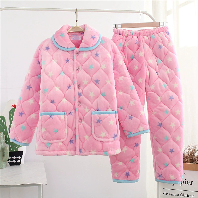 Đồ ngủ mùa đông nữ flannel dày ba lớp lông cừu bộ mặc nhà