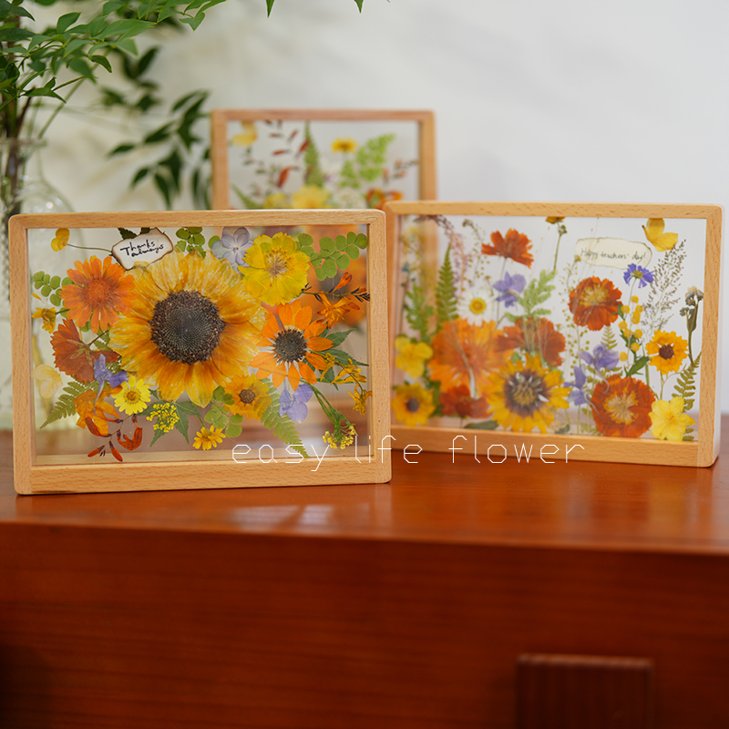 Embossed Solid Wood Photo Frame, Handmade Dried Flower Plant Specimen, Sunflower Double-Sided Transparent Acrylic Frame, Birthday Gift Embossed Solid Wood Photo Frame, Handmade Dried Flower Plant Specimen, Sunflower Double-Sided Transparent Acrylic Frame, Birthday Gift