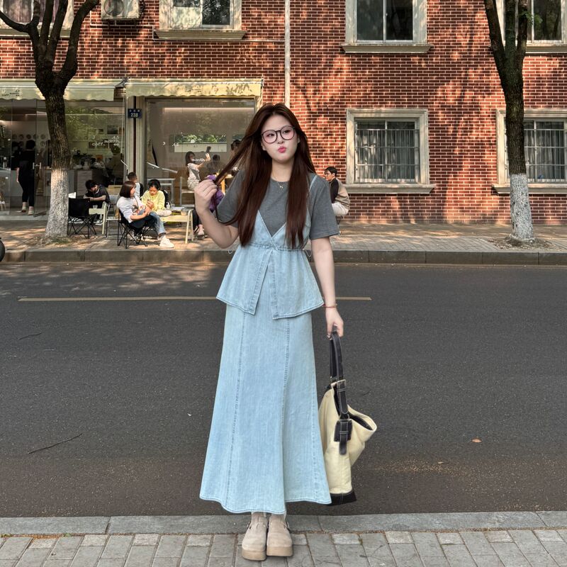 Nandao Style Plus-Size Women's Faux Two-Piece Denim Dress, Short-Sleeved Summer Dress That Covers the Belly and Makes You Look Slimmer, Long Dress for Plus-Size Women