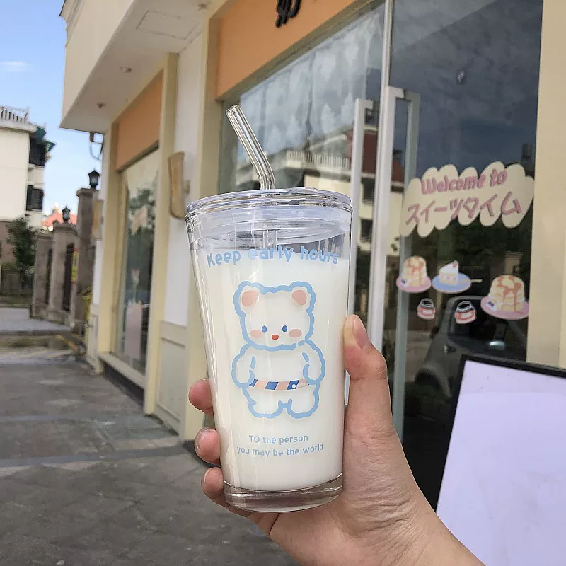 Корейская INS кофейная чашка со стеклянной трубочкой, чашка молока, чашка молока, стойкость к высокими температурам, повседневная чашка, для девушки с сердечком