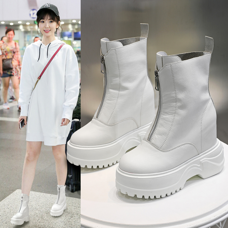 Thick-soled casual short boots women's autumn 2019 new Korean version of the inner heightened leather fashion all-match European station sponge cake single boots