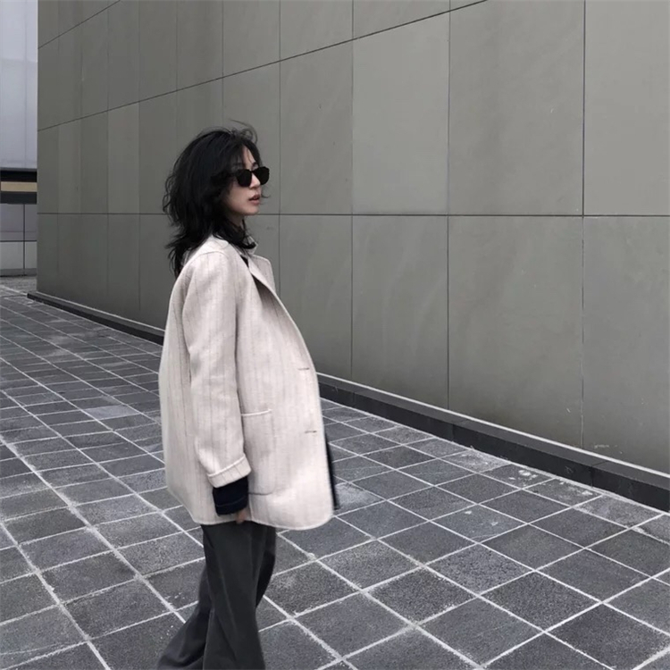 RIGEL mới áo hai mặt cashmere đơn giản phù hợp với sọc đơn giản áo khoác len hoang dã nữ áo phao nữ dáng dài