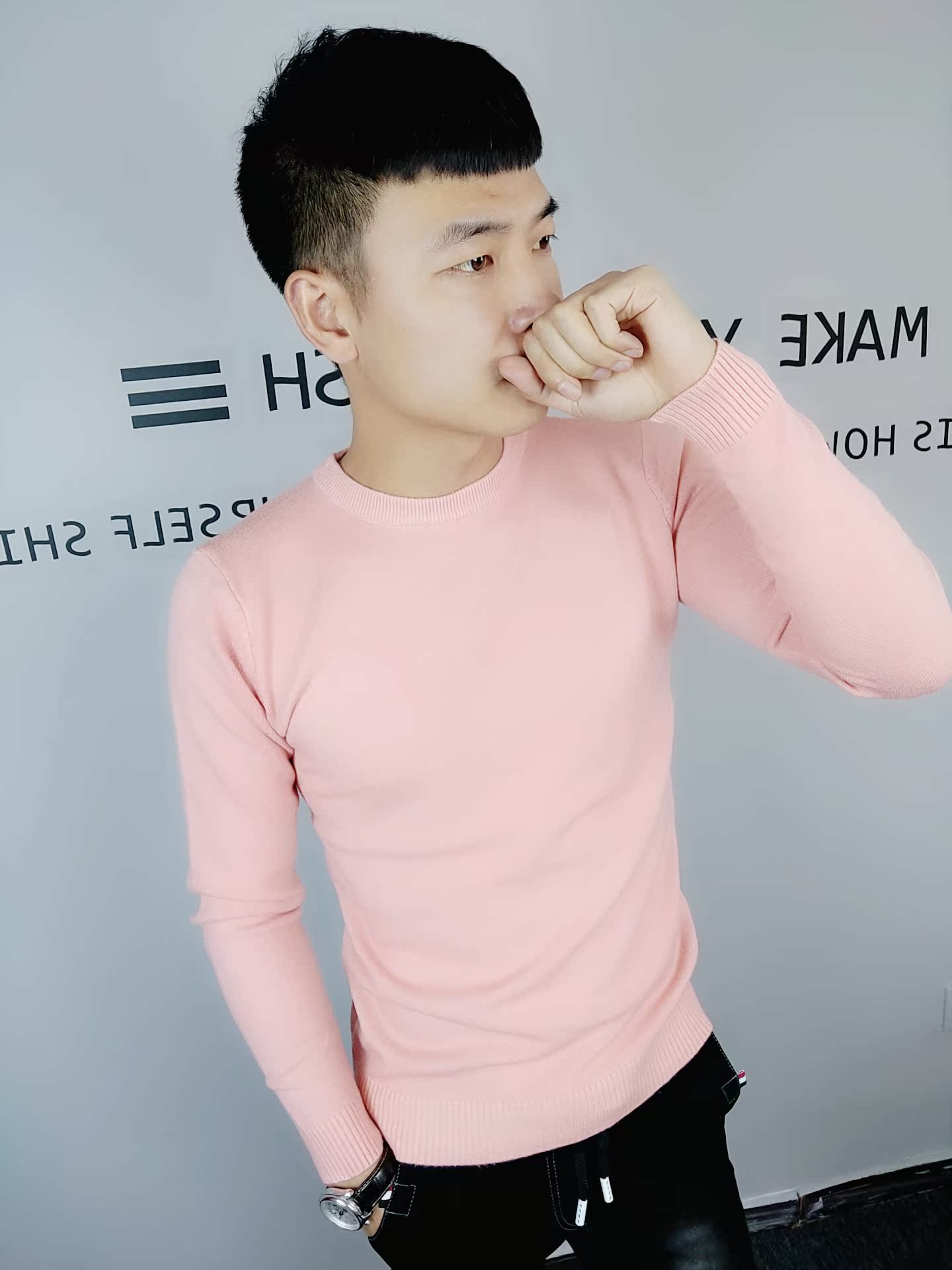 Chàng trai mùa thu đông tinh thần áo sơ mi nam tay dài màu rắn tay lửng lưới đỏ với áo len xu hướng giới trẻ thời trang nam