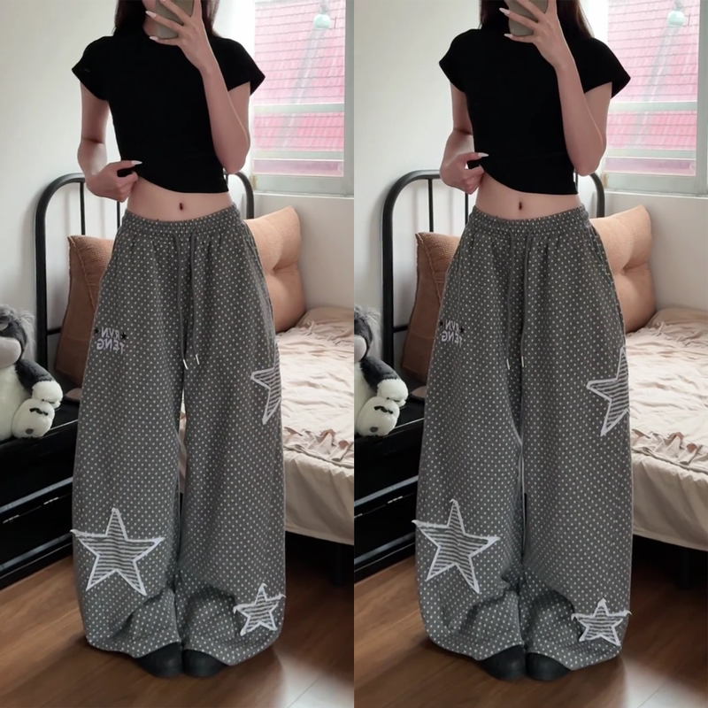 American-Style Star Embroidery All-Over Polka Dot Wide-Leg Pants for Women, Loose, Lazy, Drapey, Dance, Sports, Scimitar, Casual Sweatpants American-Style Star Embroidery All-Over Polka Dot Wide-Leg Pants for Women, Loose, Lazy, Drapey, Dance, Sports, Scimitar, Casual Sweatpants
