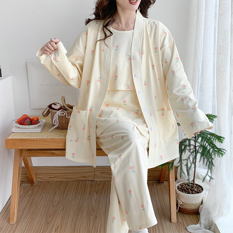 Maternity Pajamas with Breast Pads, Spring and Autumn Pregnancy Special Large Size Postpartum Clothing, Summer Thin Style Postpartum Breastfeeding Three-Piece Set