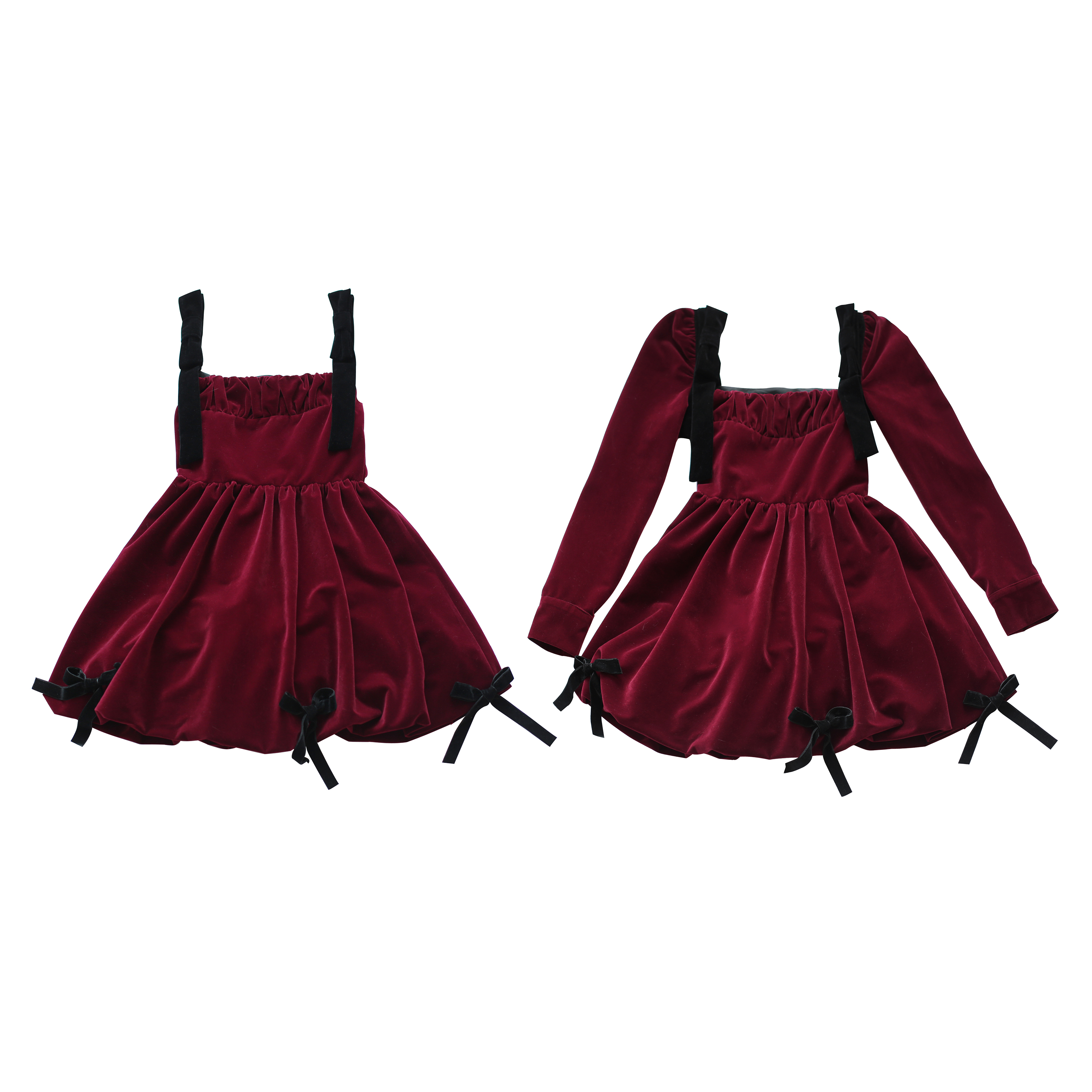 Moon Faust Original Red Velvet Bow Square Neck Removable Sleeve High Waist Abuffed Bud Dress Autumn