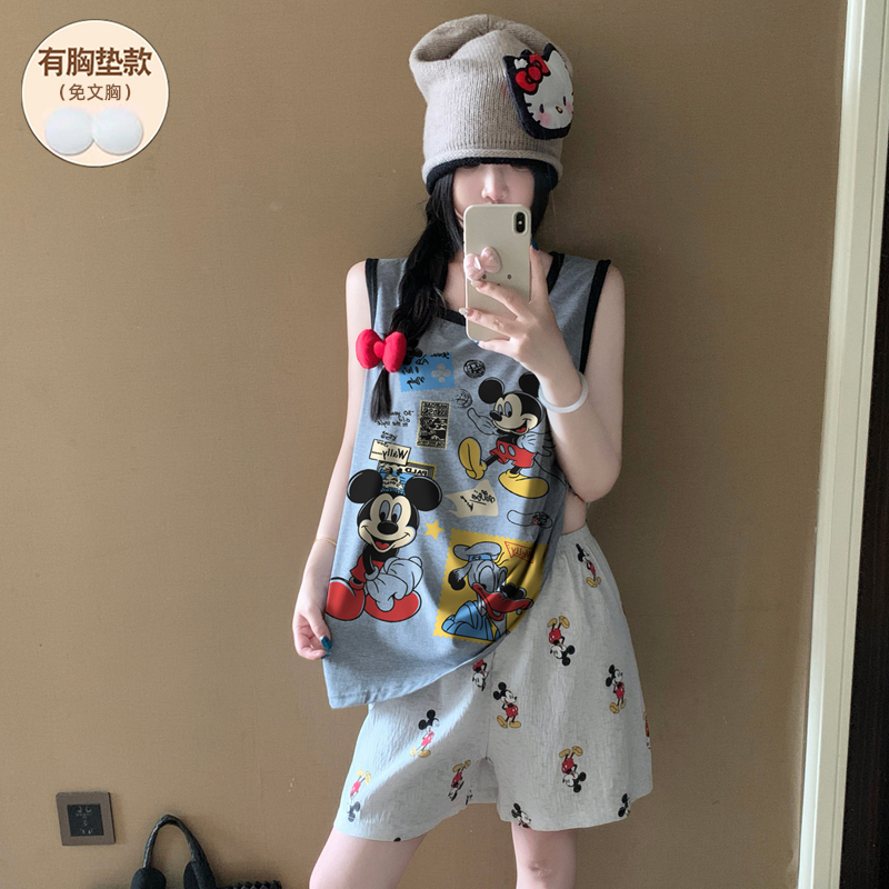 Mickey Pajamas for Women, Summer Pure Cotton with Chest Pads, Vest and Shorts, 2026 New Cartoon Internet Celebrity Style, Thin Home Wear
