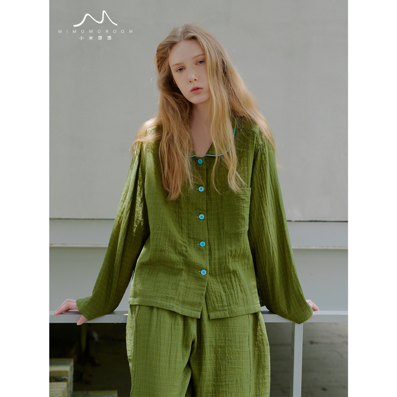 Moss Green·Chao Brightening Soft Cotton Gauze Polka Dot Pajamas Loungewear Women's Long-Sleeved Long Pants Set 26 Autumn New