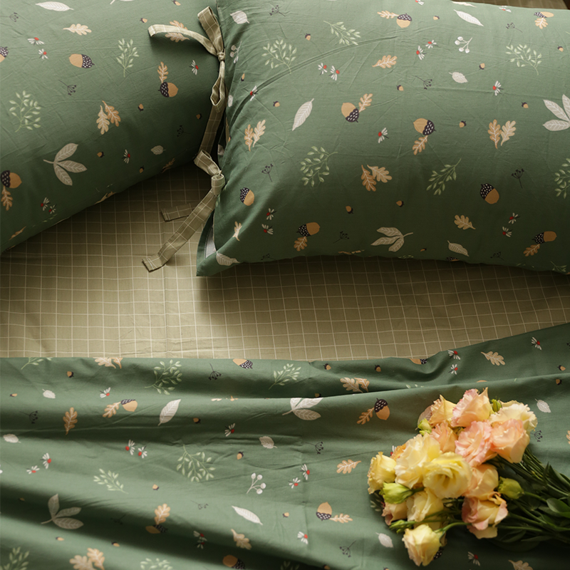 Forest department Dark green pine nuts small floral beautiful bow tie girl kit Fitted sheet quilt cover Cotton four-piece set