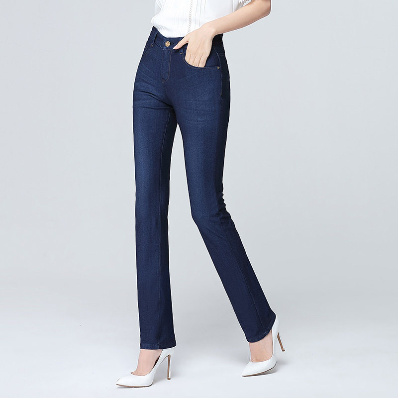 Ice Silk Jeans Women's Summer Four Sides Play Summer Straight Cylinder Large Size High Waist Loose High Elastic Ultra Slim Slim Width Pants Long Pants