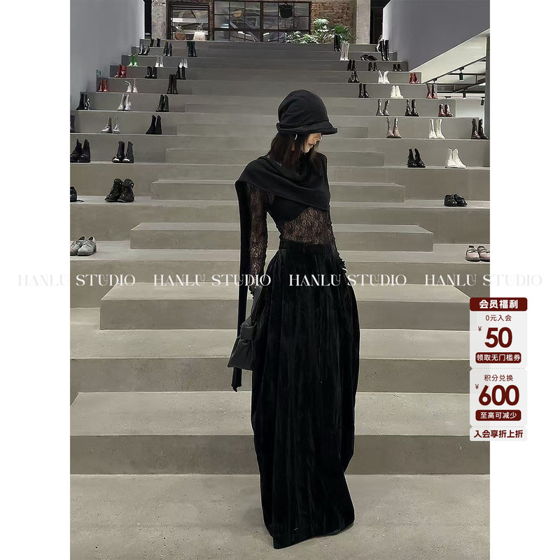 Hanlu Studio Niche Original Custom-Made Deconstructed Design Vertical Striped Black Long Draped Skirt Bubble Skirt