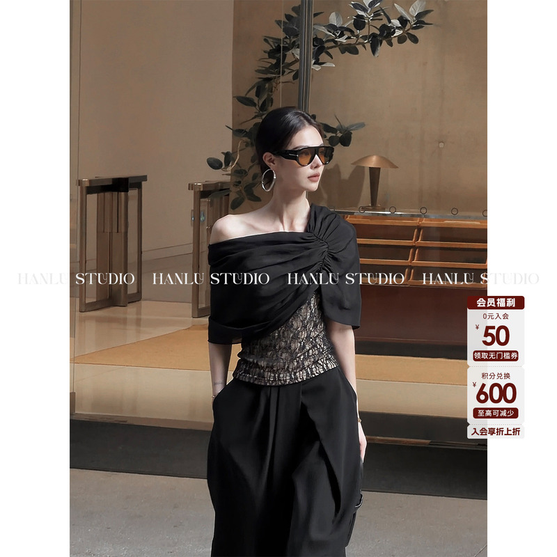 Hanlustudio Brand 26Fw Asymmetrical Lace Vest with Diagonal Hem and Deconstructed Tencel Cape Mid-Sleeve Top