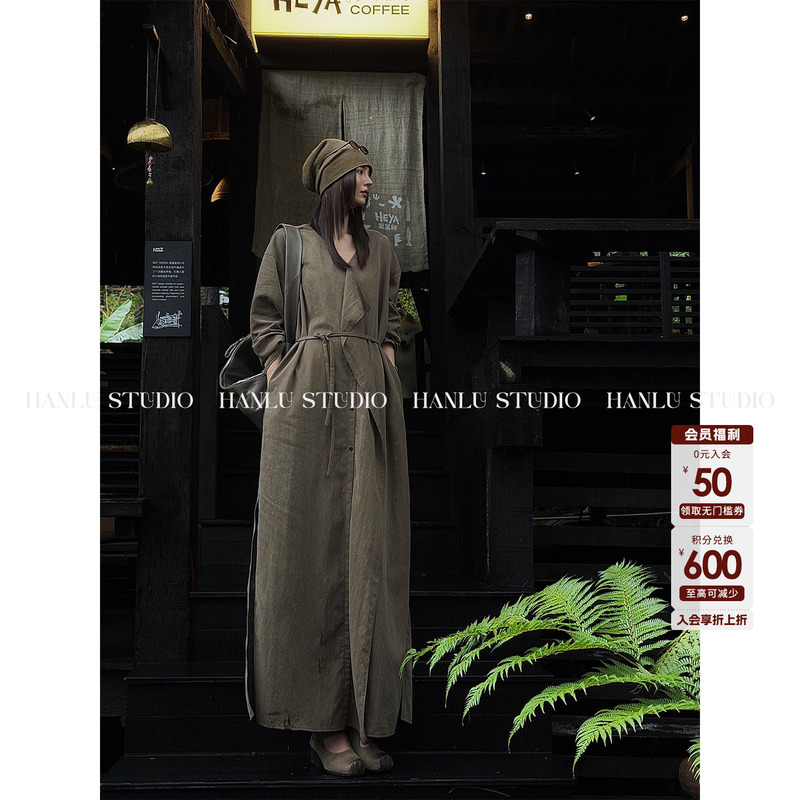 Hanlustudio Brand Niche Minimalist Coat, Relaxed and Lazy, Long Trench Coat Dress Made of Lyocell Tencel Hanlustudio Brand Niche Minimalist Coat, Relaxed and Lazy, Long Trench Coat Dress Made of Lyocell Tencel