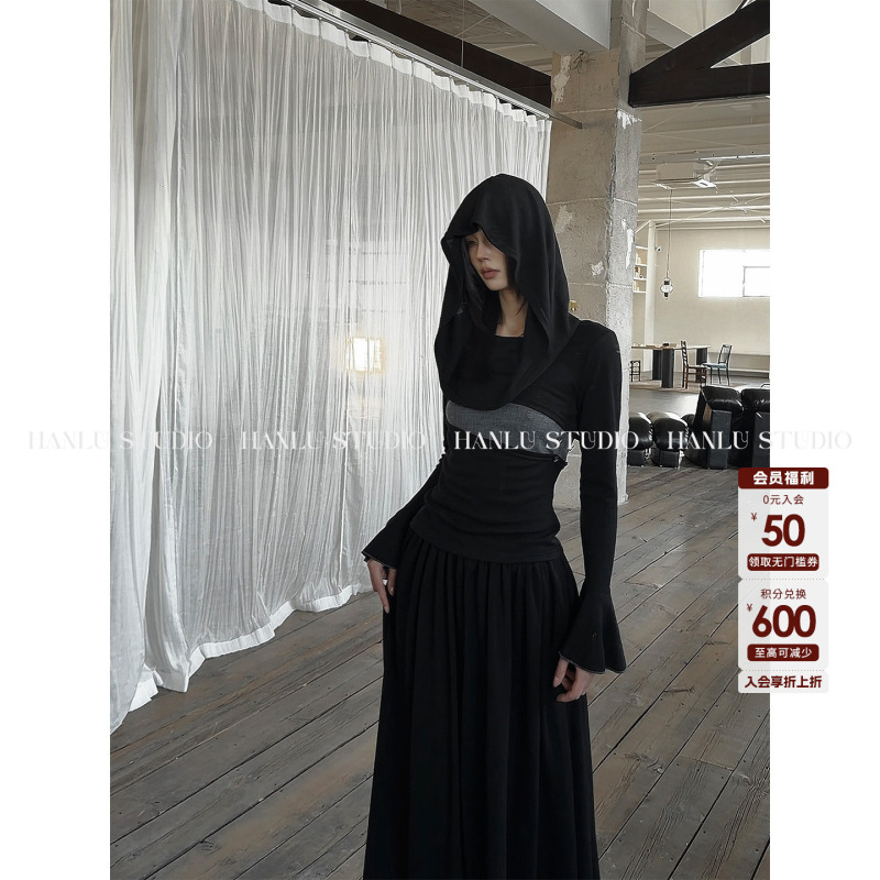 Hanlustudio Brand Dark Avant-Garde Niche Hoodie Cape Wool Bell-Sleeve Pullover Knit Top Hanlustudio Brand Dark Avant-Garde Niche Hoodie Cape Wool Bell-Sleeve Pullover Knit Top