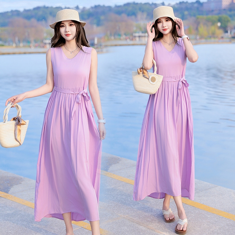 Super Pretty Vacation-Style Sleeveless Cotton Silk Dress for Women, Summer Solid Color Beach Vacation Slimming Long Dress Super Pretty Vacation-Style Sleeveless Cotton Silk Dress for Women, Summer Solid Color Beach Vacation Slimming Long Dress