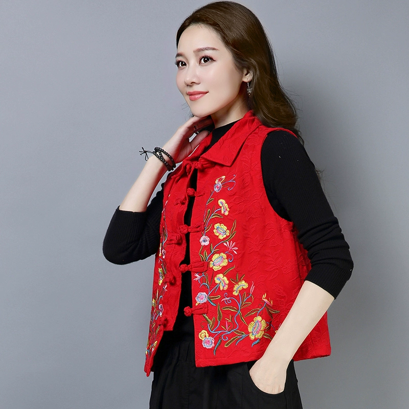 2021 mùa xuân và mùa thu mới phong cách dân tộc của phụ nữ thêu jacquard cổ áo đứng lên không tay áo gi lê sandwich kiểu Trung Quốc Tang phù hợp với áo khoác ngắn - Áo vest