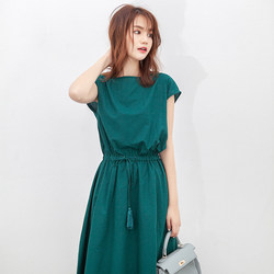 2024 new summer Korean style plus size women's mid-length artistic waist slimming loose solid color cotton and linen dress