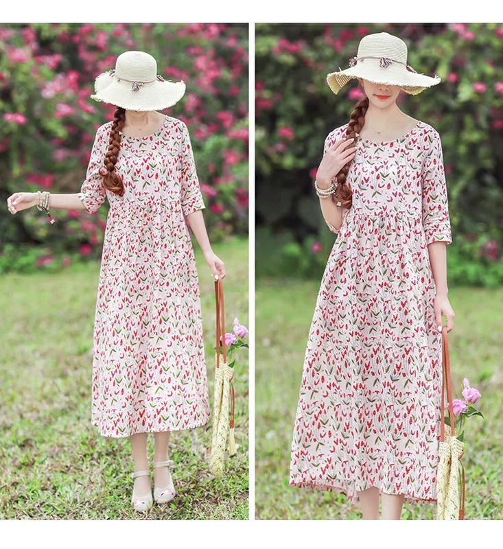 2020 mùa hè mới phong cách quốc gia của phụ nữ retro váy dài hoa in cotton và vải lanh dài đầm cỡ lớn - Váy dài