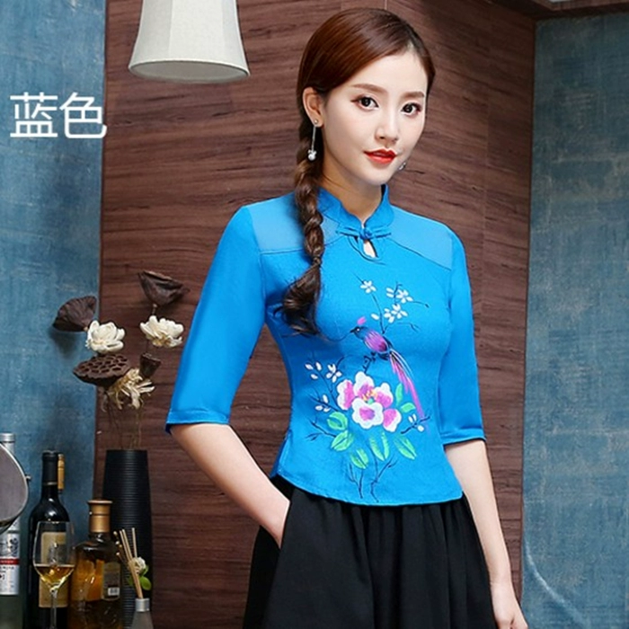 Mùa xuân và mùa hè năm 2020 áo sơ mi vải cotton và vải lanh của phụ nữ phong cách dân tộc mỏng bằng tay nút đĩa cổ đứng cổ áo cỡ lớn dành cho phụ nữ áo ngắn - Áo sơ mi