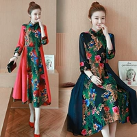 Mùa thu 2018 size lớn của phụ nữ khí chất tay dài in Slim Trung Quốc cải tiến sườn xám quốc gia váy cotton váy xoắn eo đẹp	