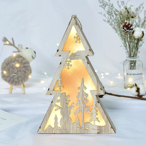 Рождественские украшения, макет сцены, деревянная круглая рождественская елка, лось, старик, освещение, настольные украшения