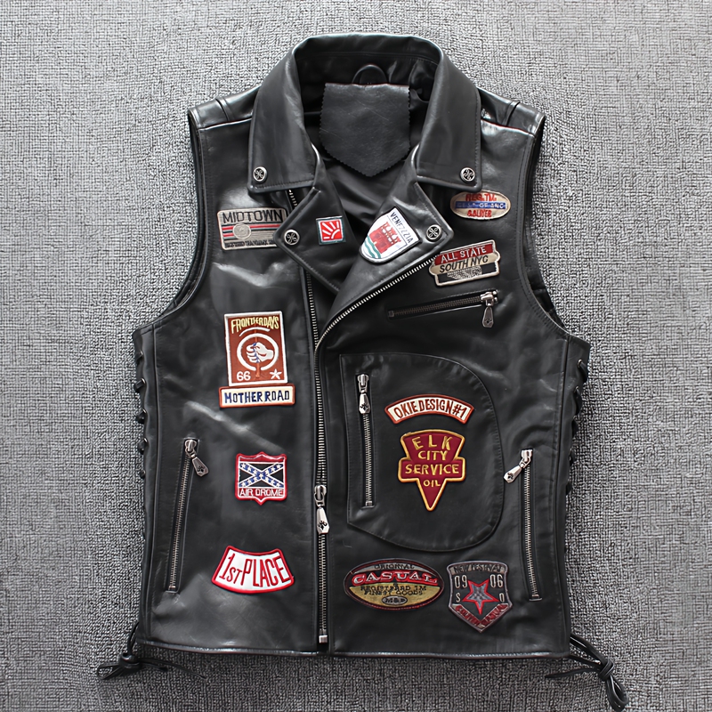 Spring New Arrival Genuine Leather Vest Top-Layer Cowhide Embroidery Multi-Label Harley Motorcycle Riding Vest Jacket Trendy