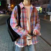 Tide brand plaid shirt mens and womens top hip hop long sleeve base shirt ins trend couple wild spring autumn coat