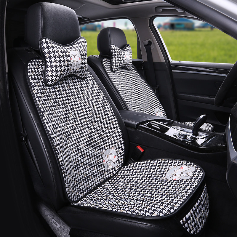 Car seat cushion four seasons universal net red cartoon linen fabric houndstooth summer ice silk cool cushion small waist seat cushion