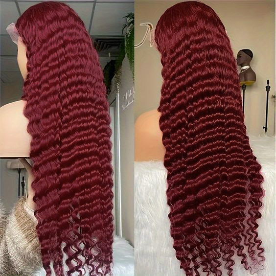 Cross-Border 99J Burgundy 13X4 Lace Frontal Wig Deep Wave Real Hair