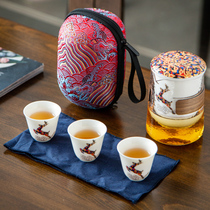 Fast passenger travel tea set household ceramic set portable anti-scalding glass tea water separation filter a pot of Three Cups