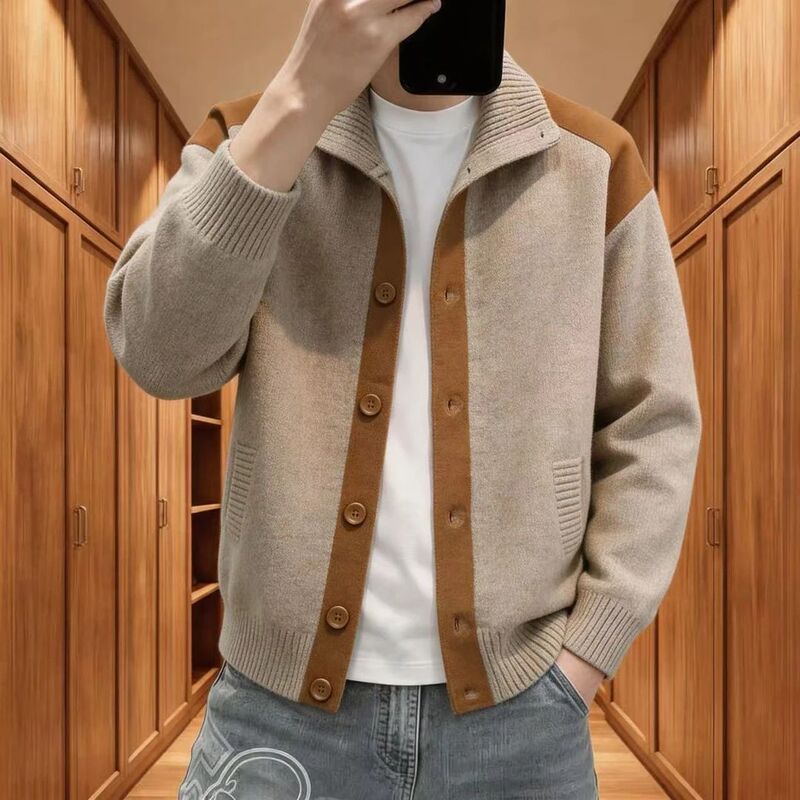 Light Luxury Fashion Autumn Men's New Casual Trendy Versatile Lapel Patchwork Knitted Button Cardigan Sweater