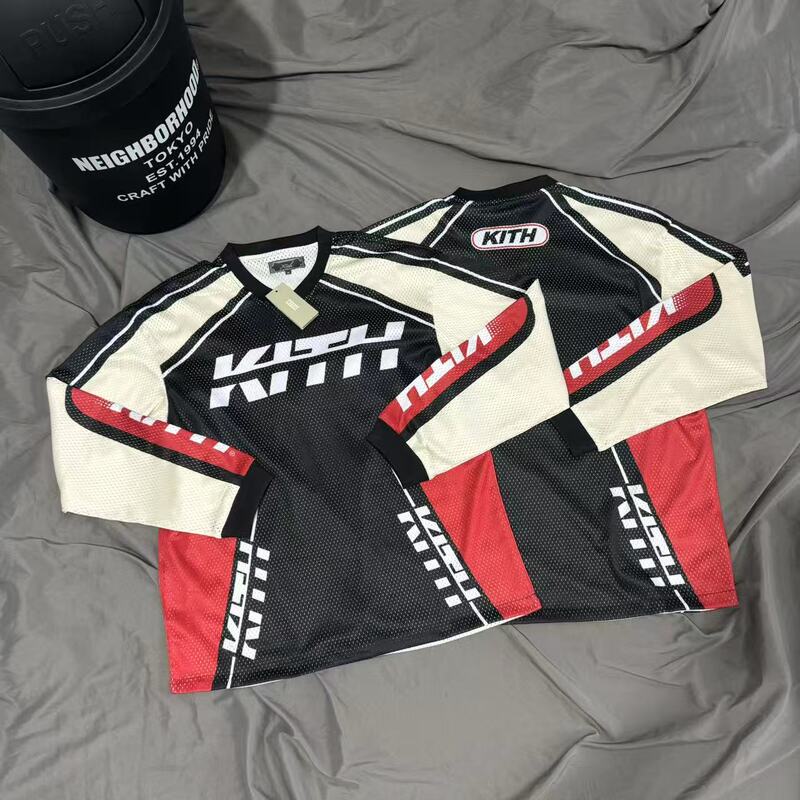American Retro Trendy Kith Motorcycle Racer Mesh Jersey Long-Sleeved Men's and Women's Couple Style Loose Large Size American Retro Trendy Kith Motorcycle Racer Mesh Jersey Long-Sleeved Men's and Women's Couple Style Loose Large Size