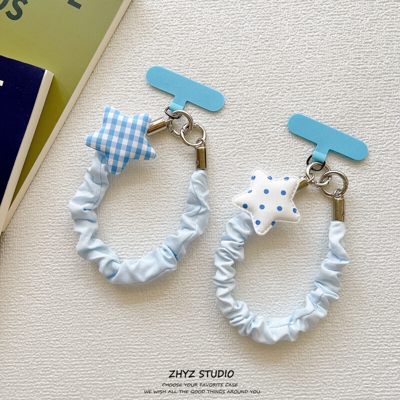 Creative Blue Star Fabric Pleated Short Rope Wrist Strap Phone Case Lanyard with Clip and Keychain Accessory
