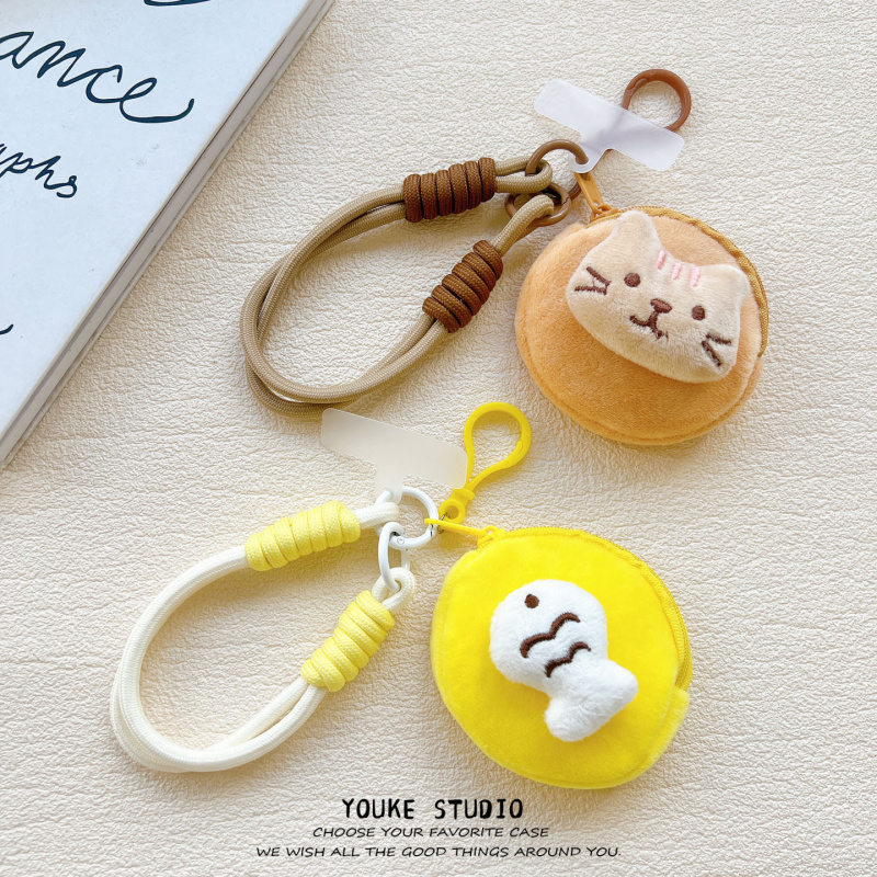 Cute Little Fish and Kitten Plush Storage Earphone Bag Coin Purse Phone Lanyard Short Wrist Strap Keychain Handbag