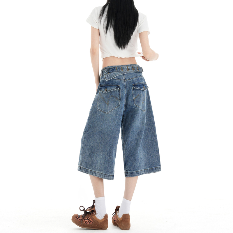Women's Cropped Wide-Leg Jeans 2026 Summer New Style Paris Buckle Design American-Style Slub Texture Straight-Leg Mid-Length Pants