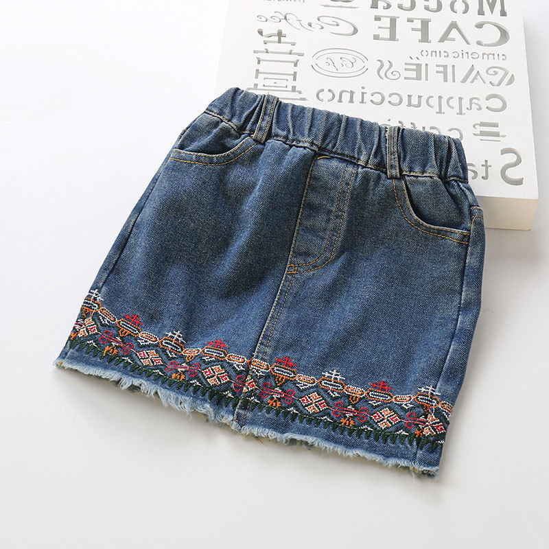 Girls denim short skirt spring and autumn embroidered autumn Western style hip children's waist skirt Children's clothing girl baby half body short