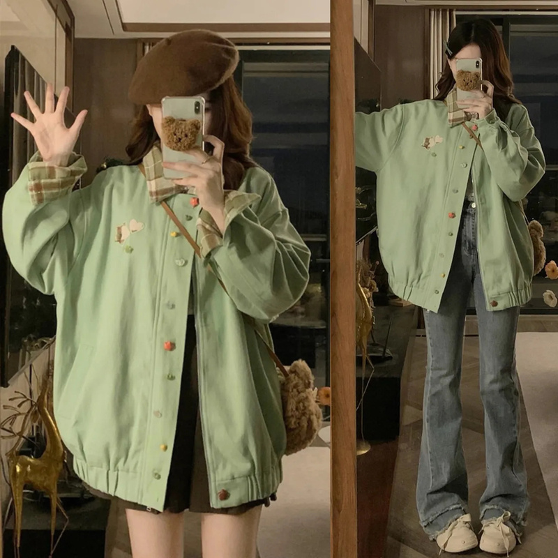 New Sweet Plaid Lapel Baseball Jacket for Women 2025 Spring ins Design Loose and Versatile Jacket Top
